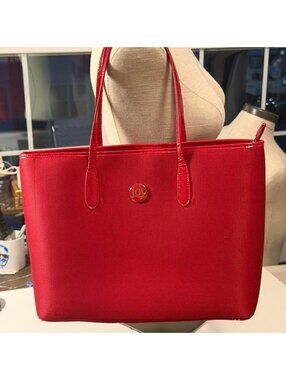 Joy Mangano Red Tote Bag with Crocodile Pattern Bottom